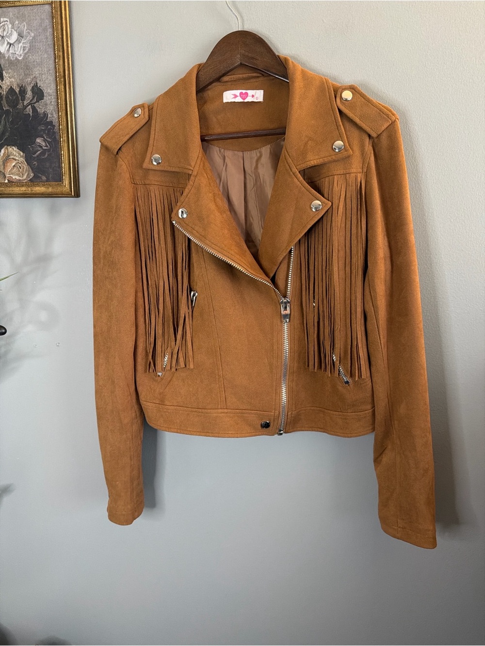 Buddy Love Francesca Camel Faux Suede Fringe Moto Jacket Western Boho Large - Picture 2 of 8